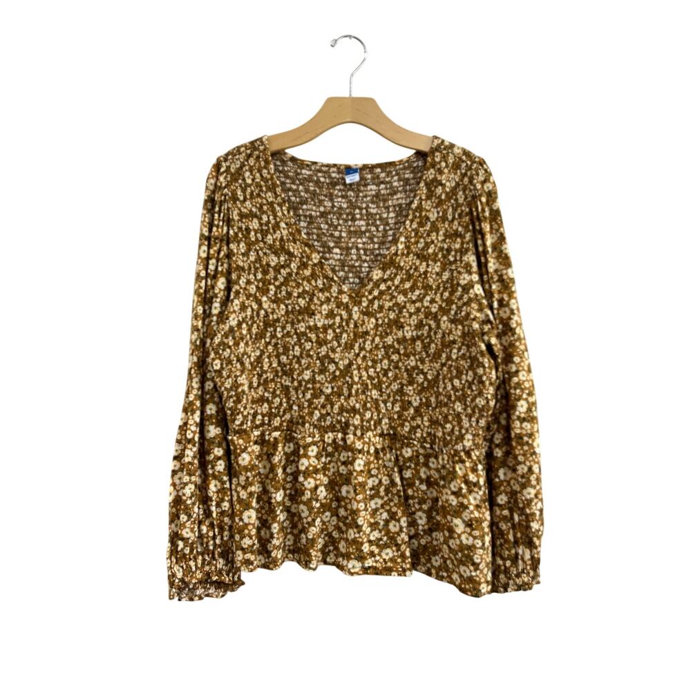 Old Navy Yellow Floral Smocked Peplum Blouse Long‎ Sleeve Boho Top XL